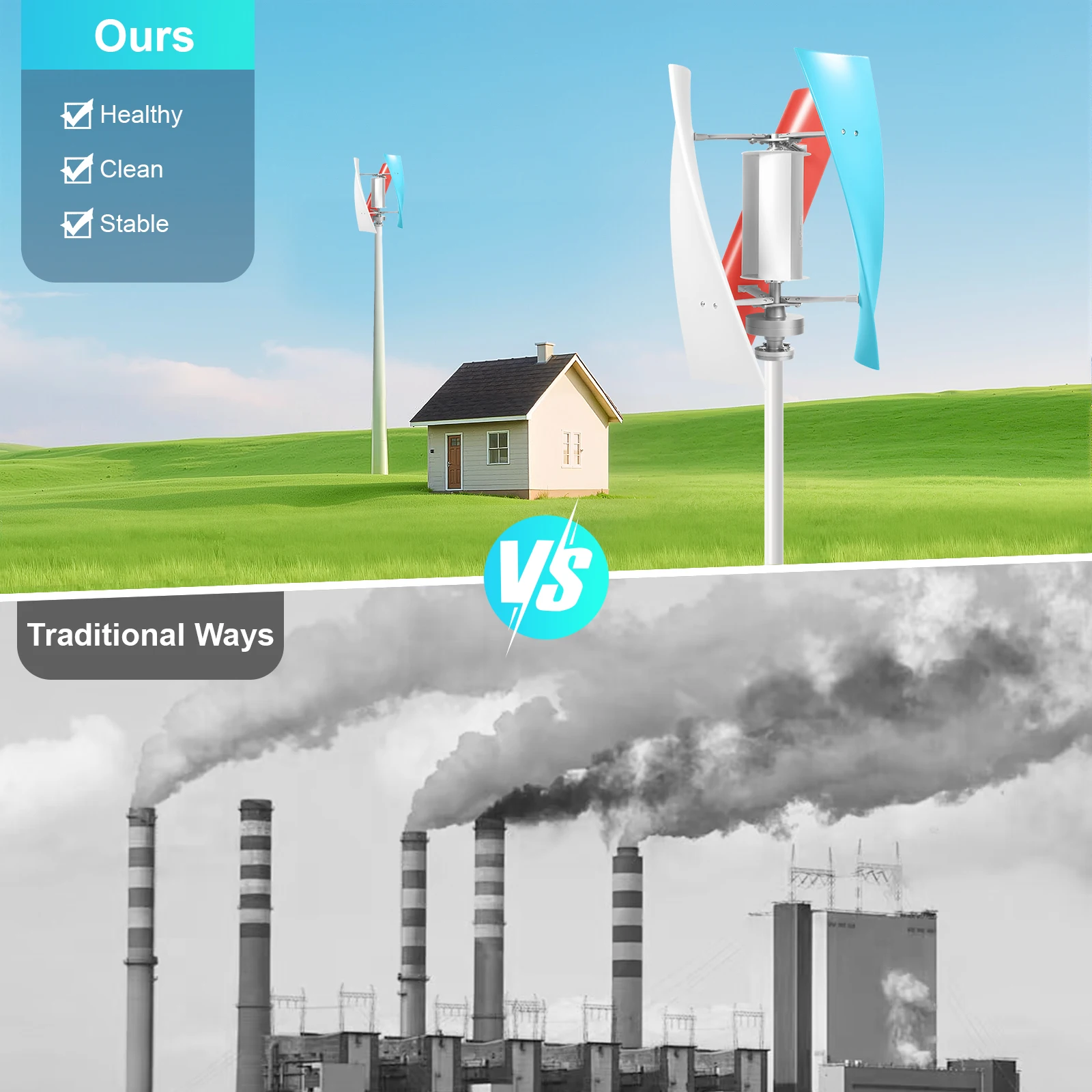 مجموعة مولدات توربينات الرياح الموثوقة مع مغناطيس بدون قلب، 3 شفرات هوائية، سرعة بدء منخفضة، أقصى حماية للسرعة