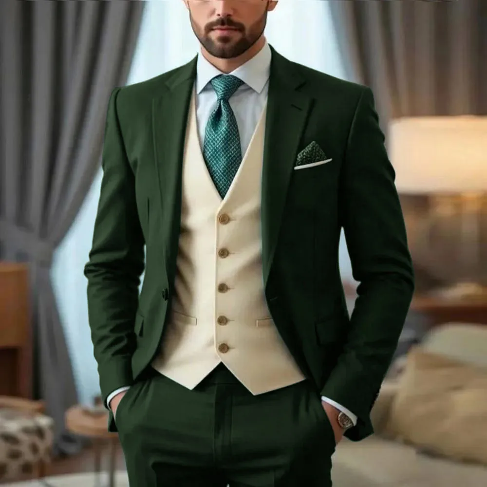 3 Piece Oil Green Men Suits Business Formal Slim Fit Wedding Casual Groom Tuxedos Classic Style Business Jacket Pants Beige Vest