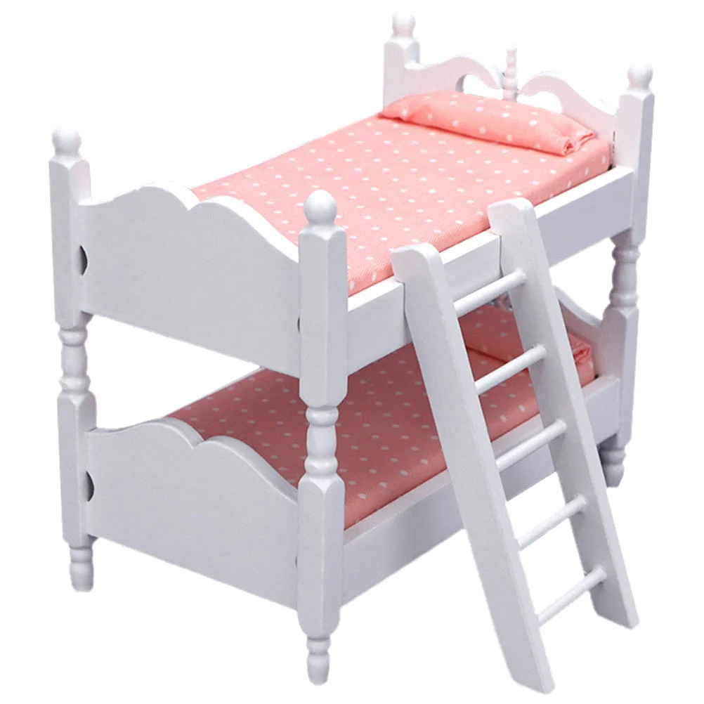 Room Bunk Bed Toy Mini Model Baby Pink Wooden Miniature Furniture Micro Scene