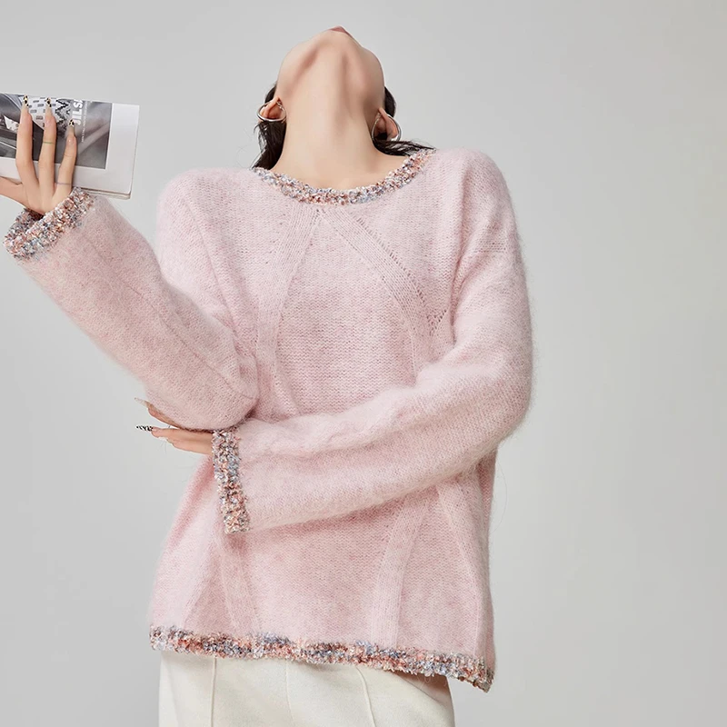 

Женский лоскутный вязаный свитер, пуловер, корейская мода, розовые пуловеры с круглым вырезом, женская легкая эстетичная свободная женская одежда