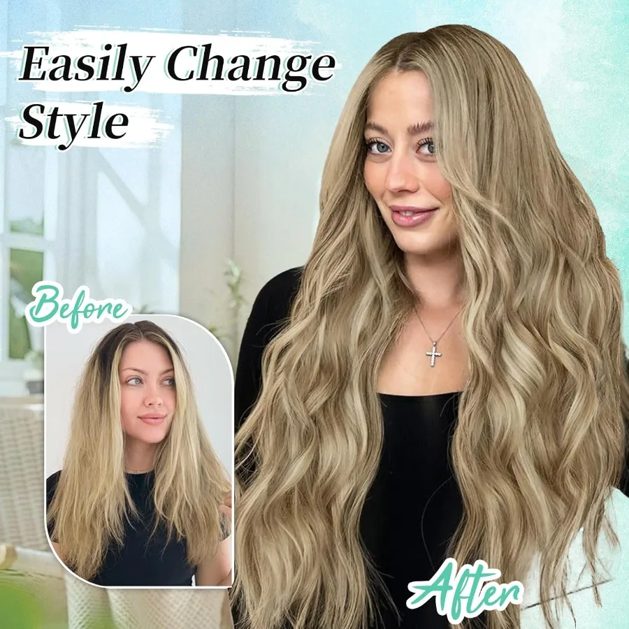 وصلات شعر صناعية طويلة مموجة 4 قطع شعر سميكة بني فاتح مزيج ألياف أشقر ذهبي لحمة مزدوجة مظهر طبيعي وصلة شعر #5