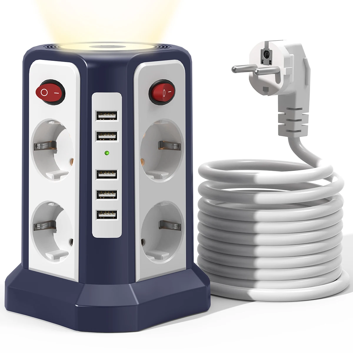 Euro 8-Position Smart Socket Tower with 5 USB Ports Multi-function Expansion and Individual Switch Control for Home and Office