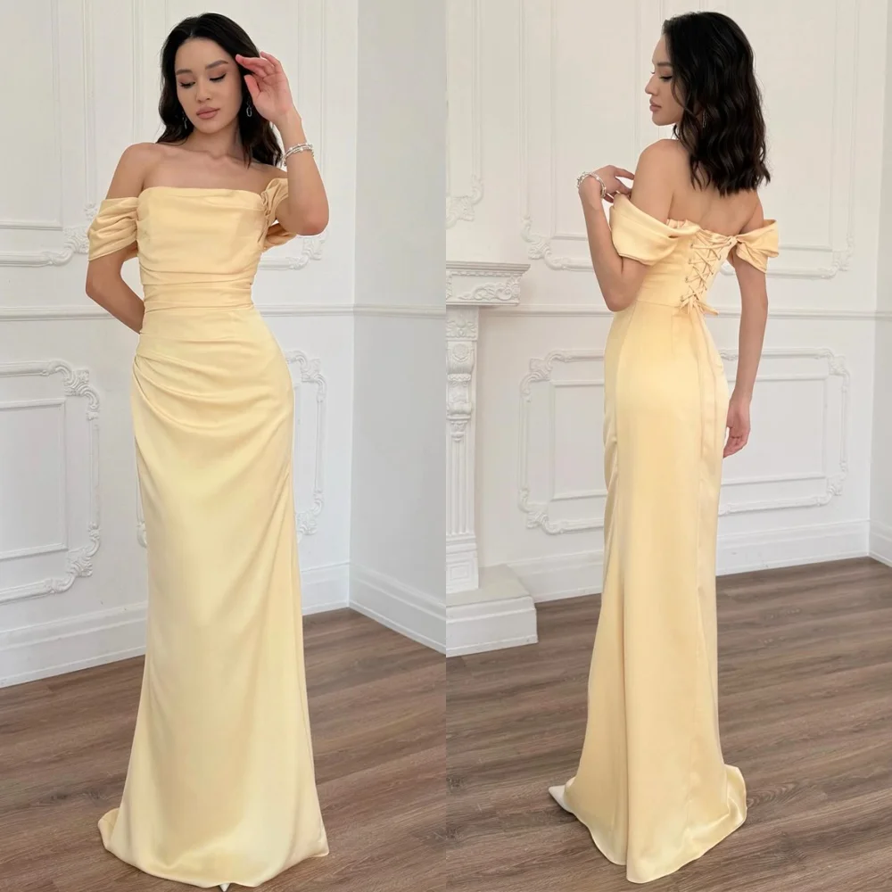 

Customized Simple Yellow Satin Evening Dress Classic Strapless Off the Shoulder Homecoming Dresses Exquisite Vestido De Festa