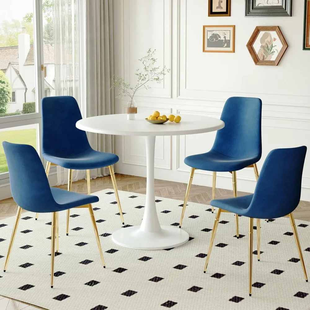 

Dining Table Set for 4, 32" White Tulip Kitchen Table & 4 Blue Velvet Dining Chairs, Mid-Century 5-Piece Dining Room Set