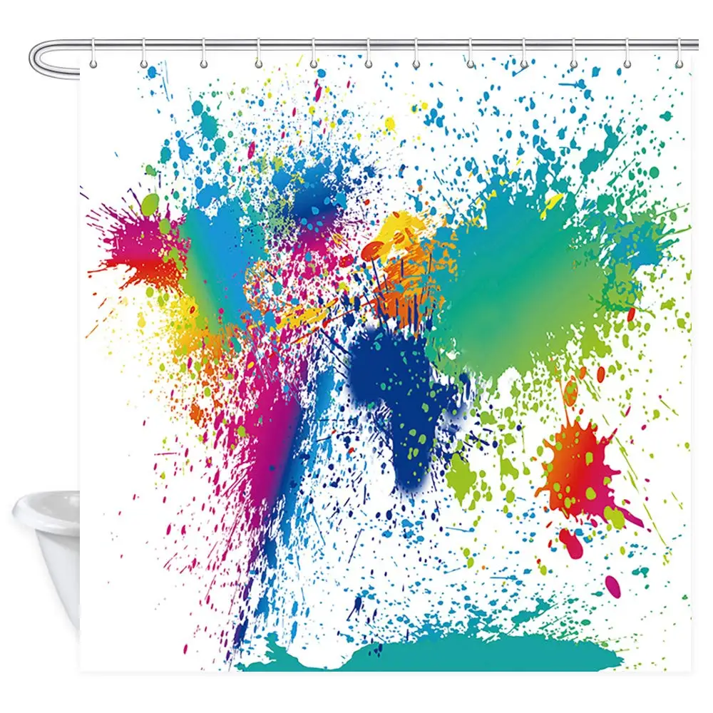 Colorful Shower Curtain Art Abstract Watercolor Multicolor Rainbow Atomic Starburst Mid Century Black Fabric Bathroom Decor