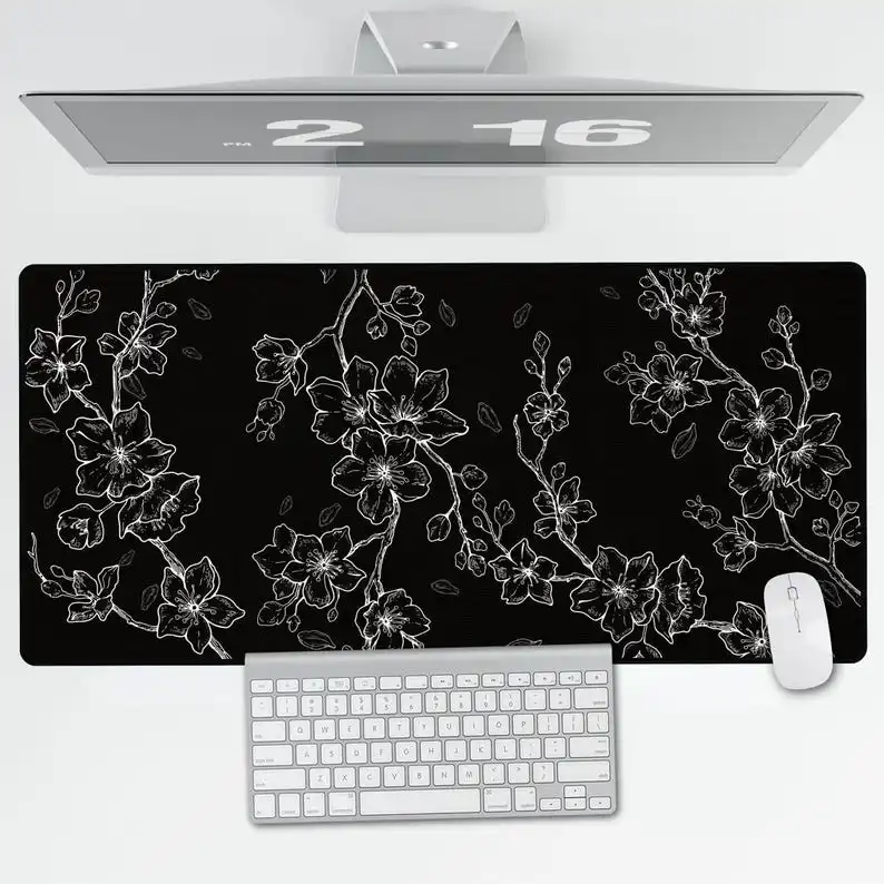 

Cherry Blossom Pattern Desk Mat, Minimalist Office Decoration, Black and White Mouse Pad, Japanese Aesthetics, Home Office Gift