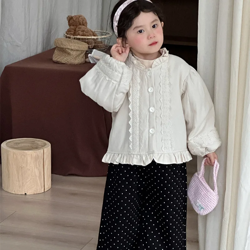 2025 inverno novo produto crianças rendas algodão-acolchoado jaqueta meninas bebê versão coreana rendas fungo borda algodão-acolchoado jaqueta