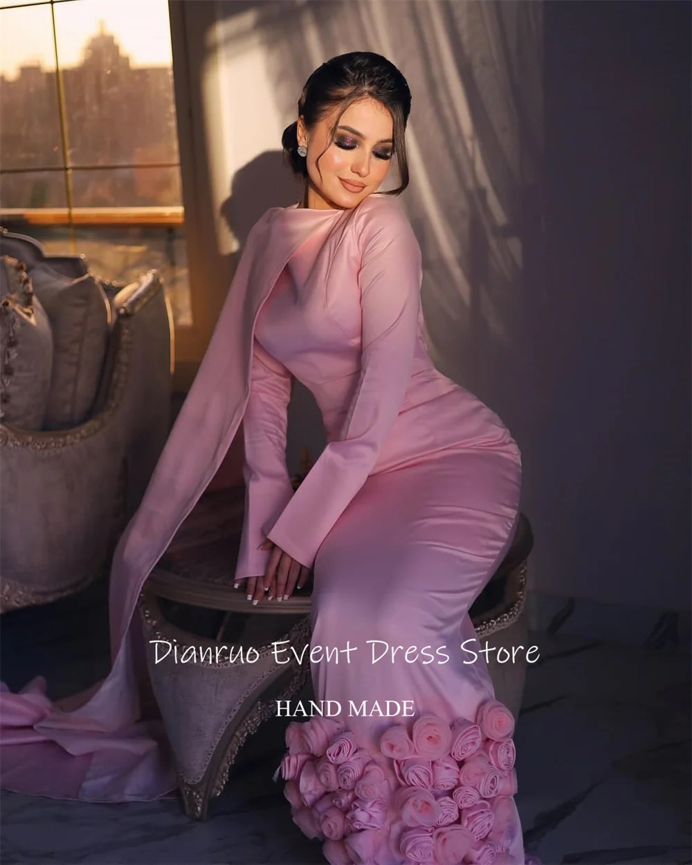 Dianruo Gaun Malam Putri Duyung Satin Merah Muda Terbungkus Bunga 3D Jubah De Soirée Asimetris Indah Vestido De Fiesta Disesuaikan