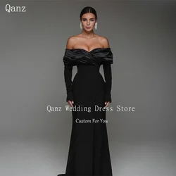 Qanz Black Evening Dresses Dubai Off The Shoulder Mermaid Prom Gown Satin Long Sleeves Formal Occasion Dresses 2024 Customized