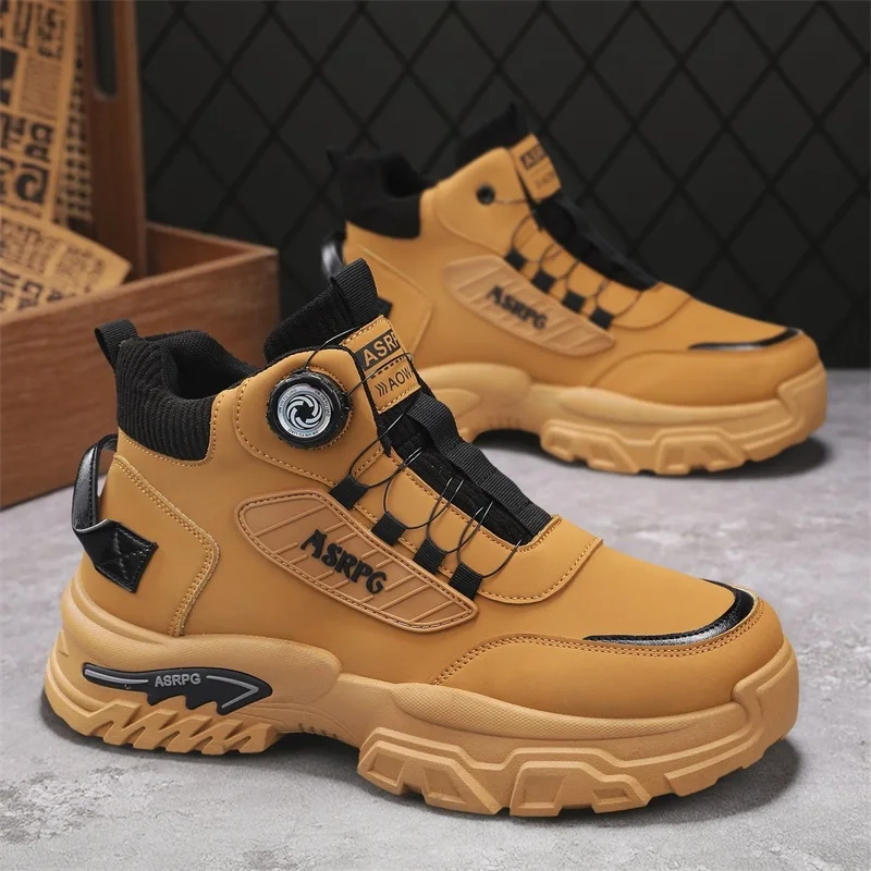 

Fashion Rotary Buckle Men's Motorcycle Shoes Big Size 39-46 Autumn Platform Working Shoes For Men Comfy Leather Ankle Boots Man