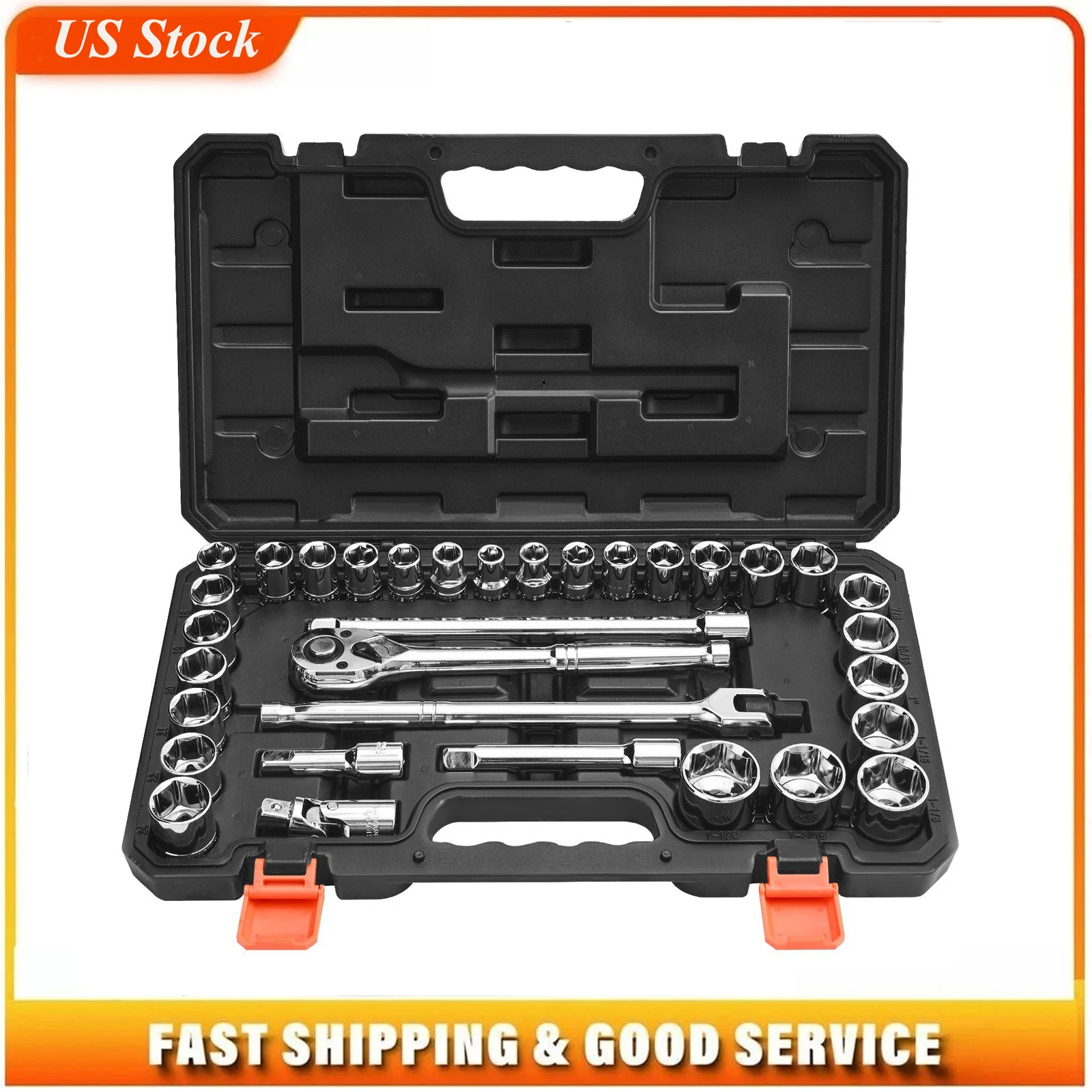Socket Set, 33 Pieces, 1/2 inch Drive Socket and Ratchet Set, SAE and Metric, Mechanic Tool Kit with Ratchet Wrench, Extension Bar and Storage Case, CR-V Alloy Steel, for Automotive Repair