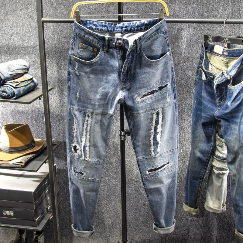 

Дизайнерские мужские джинсы 2025 года, рваные узкие брюки, высокое качество, тонкие винтажные синие джинсы в стиле хип-хоп, уличная одежда, мужские джинсовые брюки