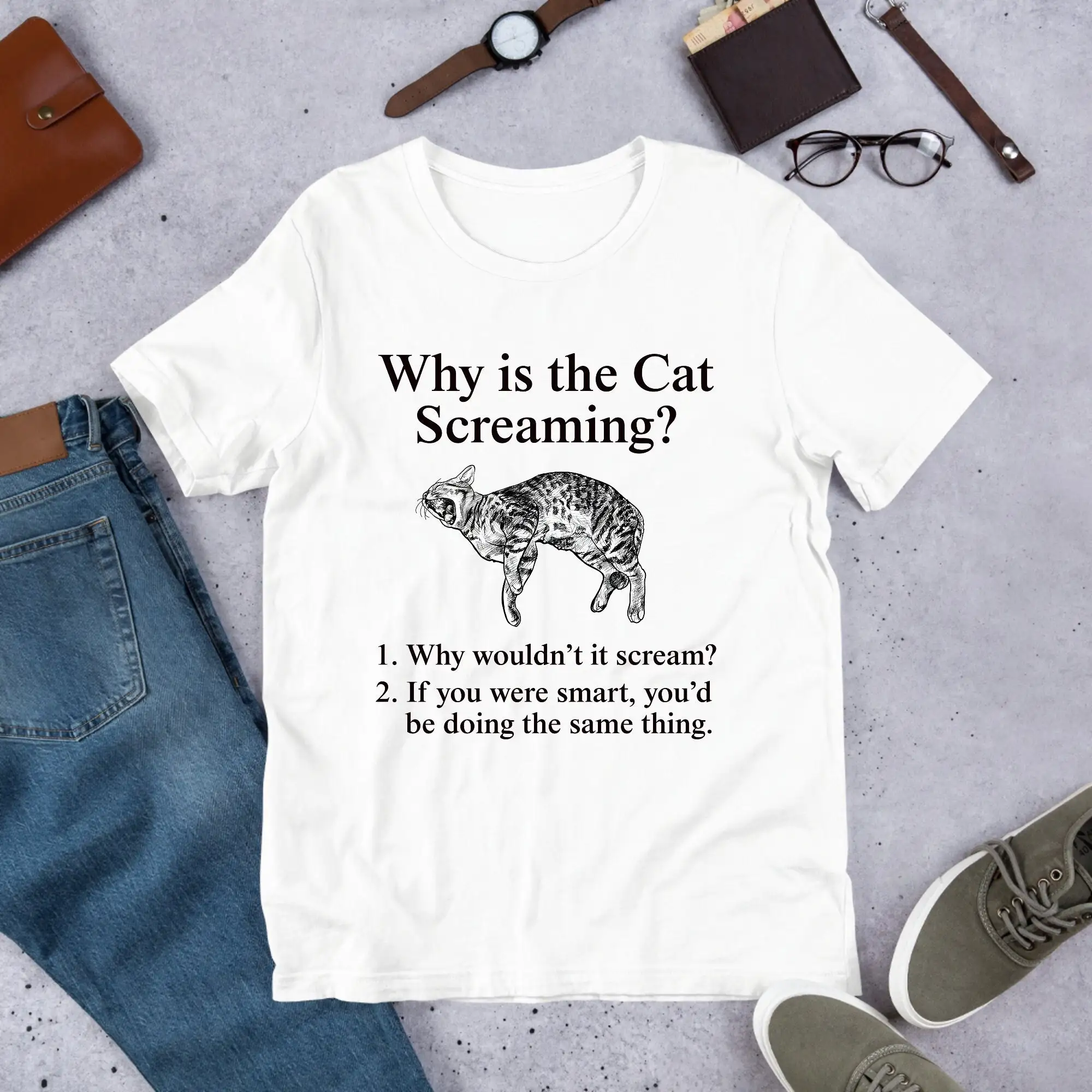 Why Is The Cat Screaming Funny Meme T Shirt Ironic Lover Oddly Specific Unhinged Cursed Cringe Gag