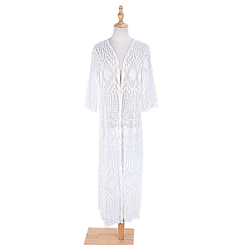 Kimono de encaje blanco para mujer, cárdigan largo, mangas acampanadas, vestido transparente, capa para traje de baño, prendas de vestir exteriores