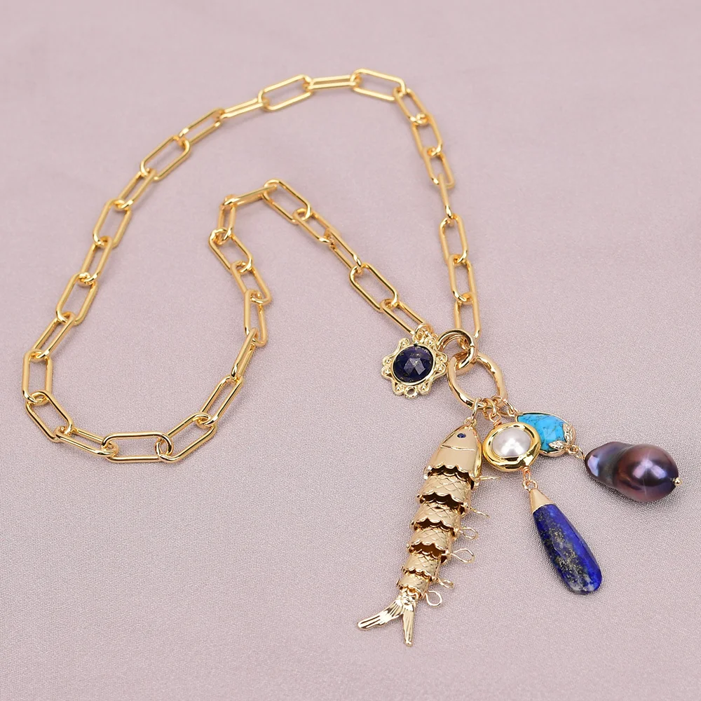 

G-G 20'' Natural Mix Gems White Black Keshi Pearl Turquoise Lapis Lazuli Beads Chain Necklace Pendant