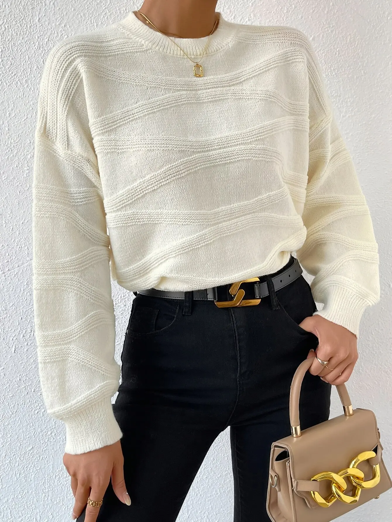 

Cream Textured Knit Drop Shoulder Pullover Sweater, Long Sleeve Fall Winter Casual Top