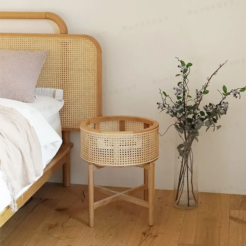 Round coffee table Modern simple bedside table Solid wood bedside cabinet Small bedroom Rattan storage Narrow cabinet