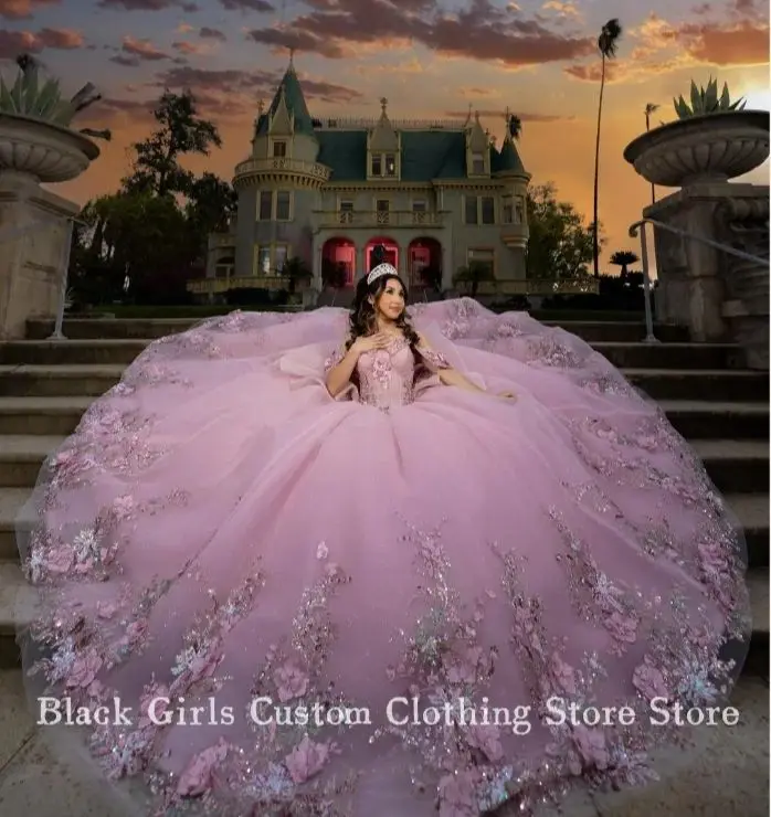 Princess Pink 15 Quinceanera 2024 Luxury Strapless Poncho 3D Floral Applique Corset Chapel Train Mexico vestido xv años