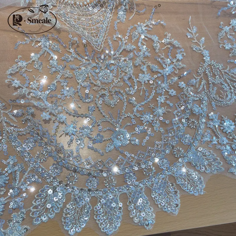 3D-Spitzenstoff, weißer Perlen-Pailletten-Hochzeitskleid, fortschrittlicher, maßgeschneiderter Nähstoff – Detail 3