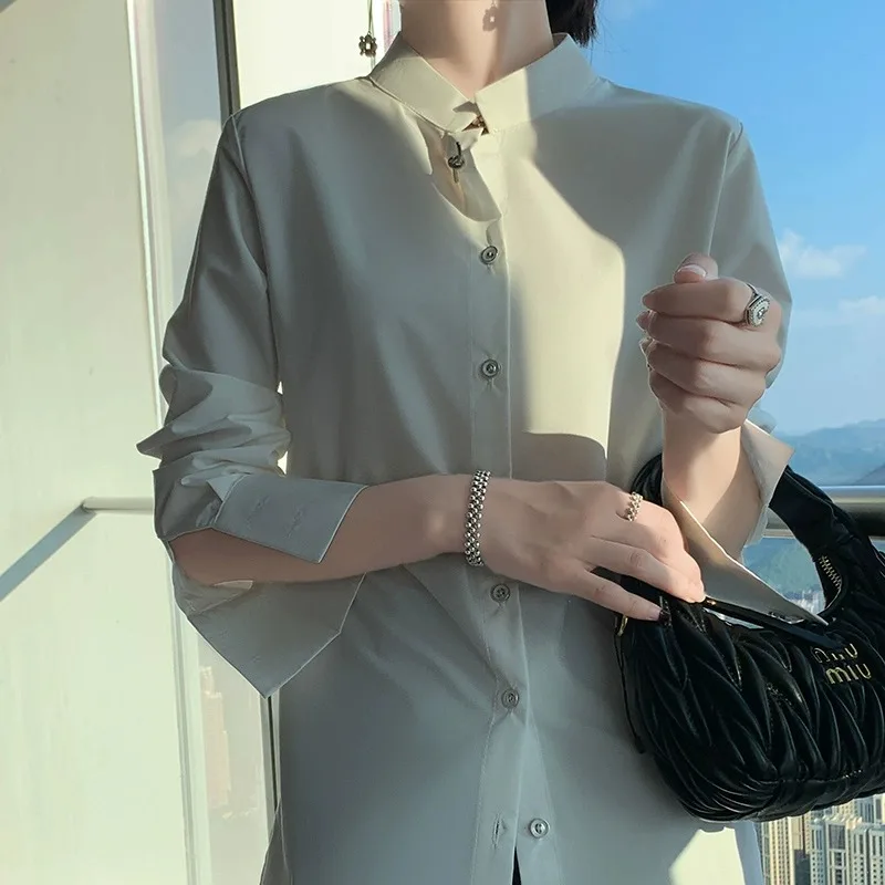 เสื้อคลุมคาร์ดิแกนผู้หญิงสีพื้น แขนยาว คอตั้ง สไตล์ลำลอง ผ้าคุณภาพสูง สำหรับฤดูใบไม้ร่วง ปี 2025