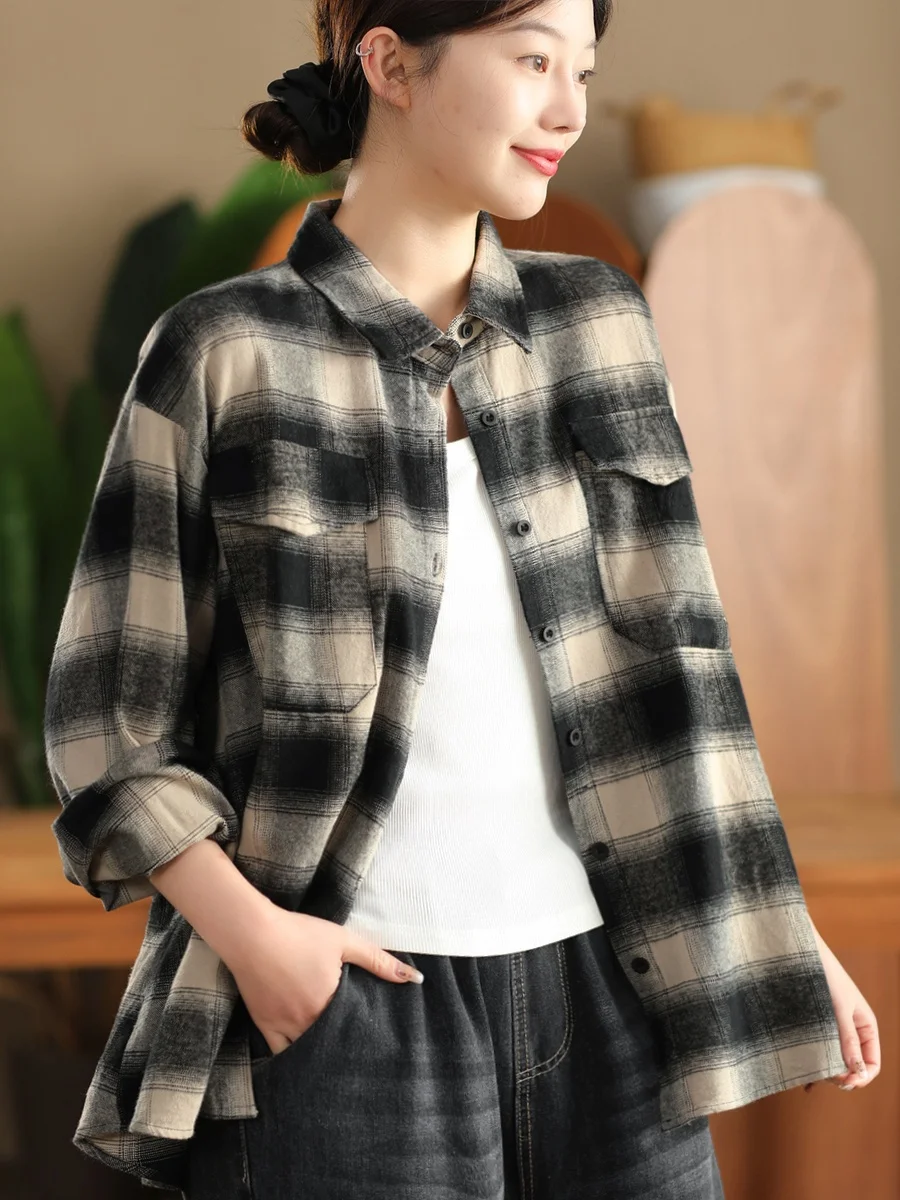 

Весенний женский кардиган в клетку из 100% хлопка, свободного кроя, с отложным воротником, удобный, дышащий, с длинными рукавами