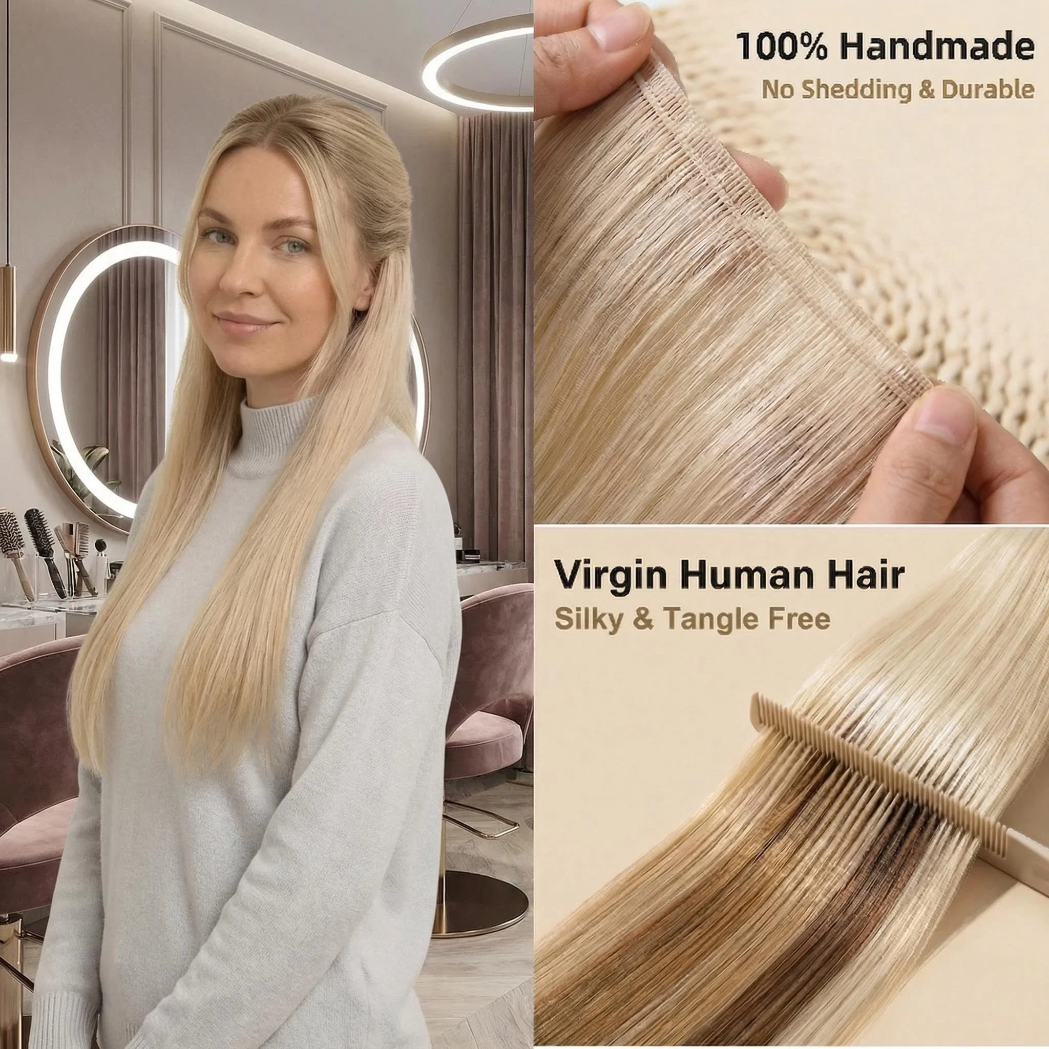 Hand Crafted 100% Human Hair Weft Virgin Hair No Short Hair All Long Strands Neat Ends For Sew-in Hair Extensions