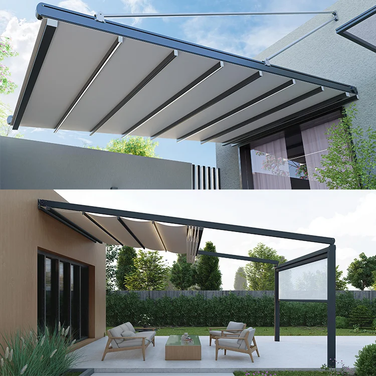 High Quality 5M PVC Polyester Fabric Gazebo Electric Motorized Remote Control Manual Retractable Waterproof Aluminum Coating