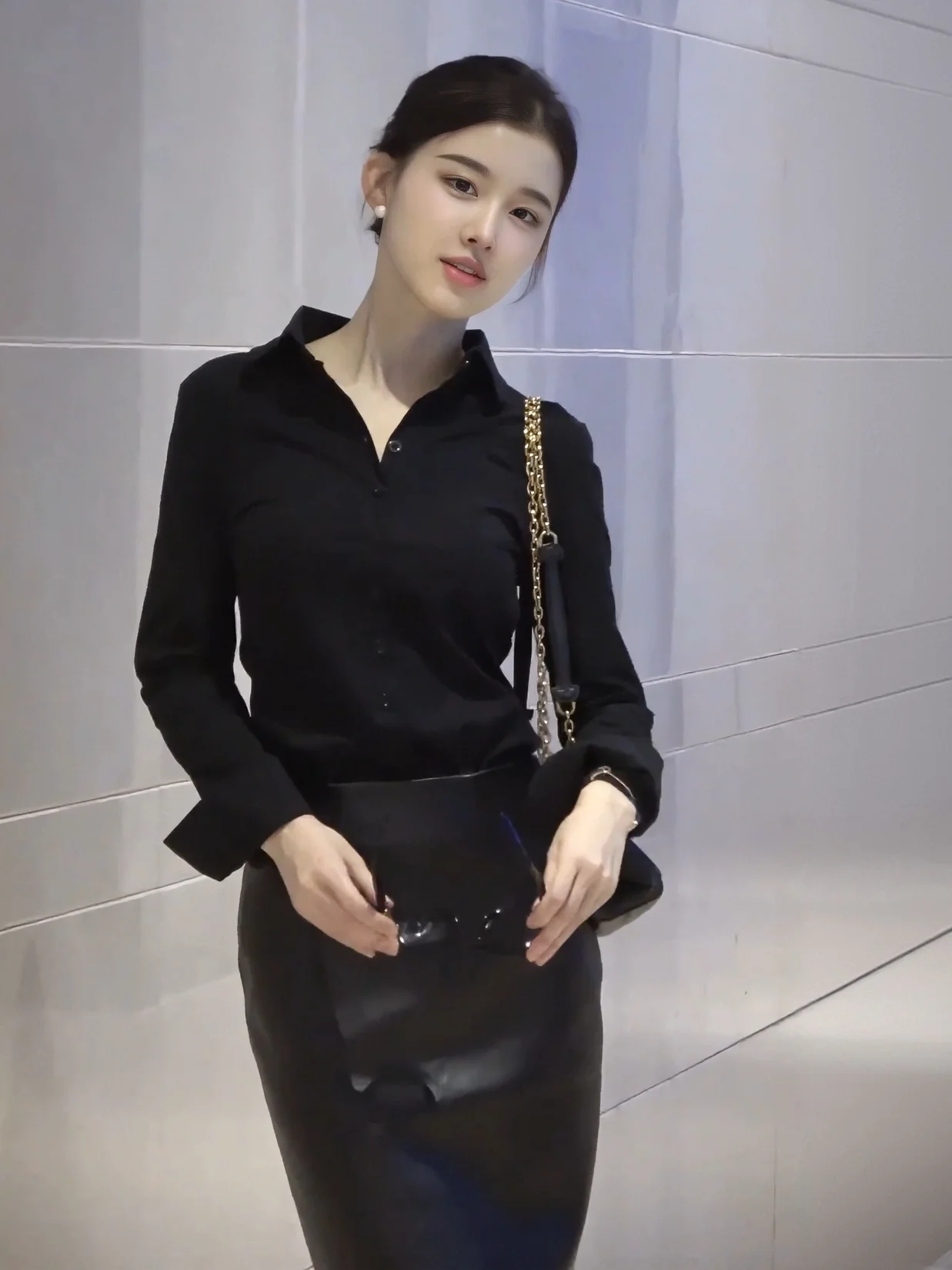 

Elegant Black Shirt High Waist Bodycon Skirt Commute Style Slimming Professional Outfit Cotton Fabric Business Women Set