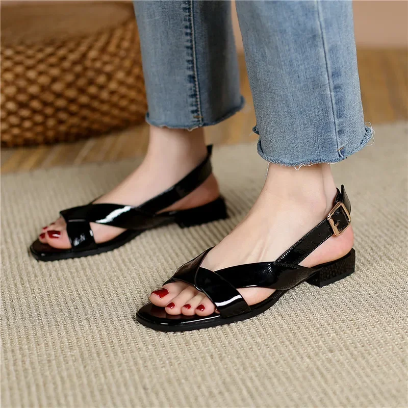 2023 New Genuine Leather Shoes Women Low Heel Square Toe Casual Shoes Summer  Comfortable Ladies Sandals Black Beige Size 35-42