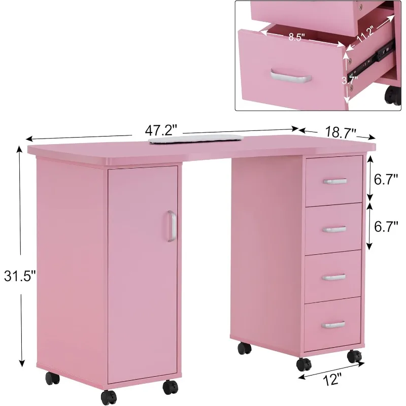 Manicure Table, Acetone Resistant Nail Desk, Nail Table with 4 Drawers, 2 Cabinet, Lockable Wheels, Wrist Pad