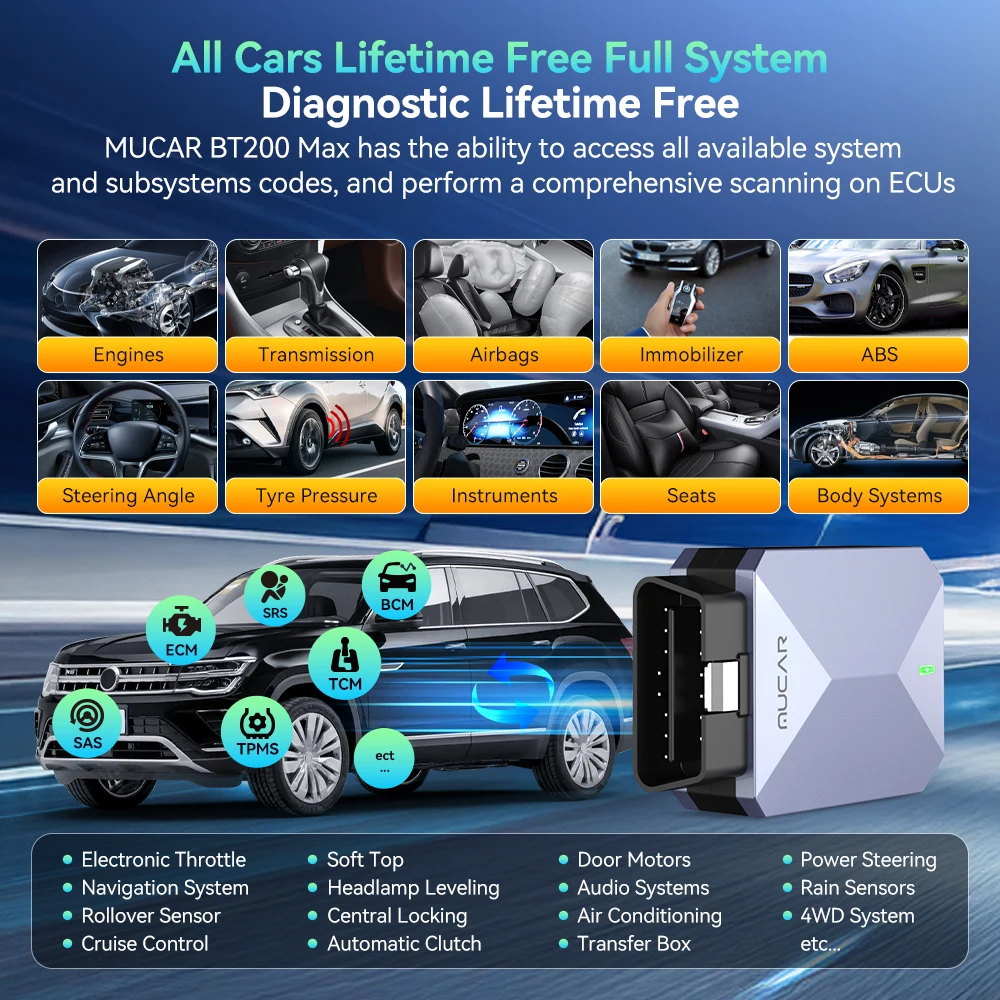 MUCAR BT200 MAX AI Assistant Car Diagnostic Tool CANFD Bi-Directional Full System Auto Diagnosis Scanner 15 Reset Lifetime Free