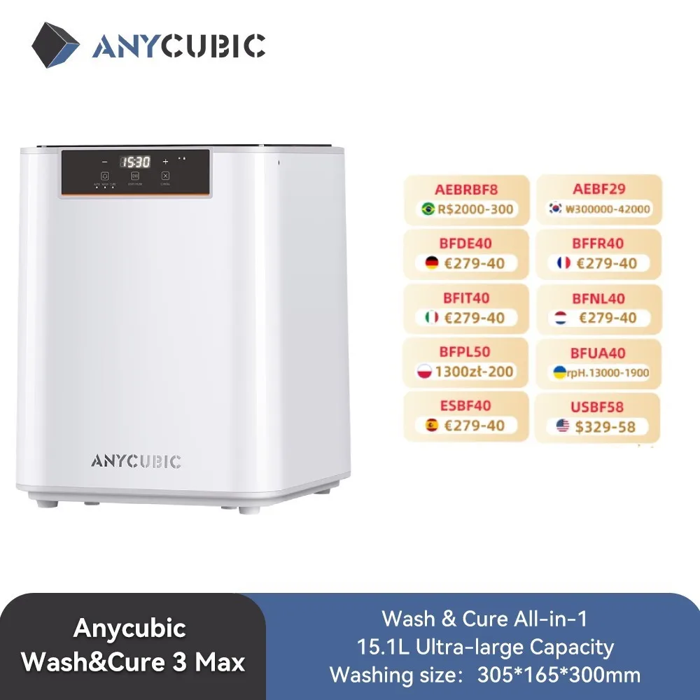 

ANYCUBIC Wash&Cure 3 Max AE Version With 15.1L Ultra-large Capacity For Large Resin 3D Printer Wash & Cure All-in-1 Machine
