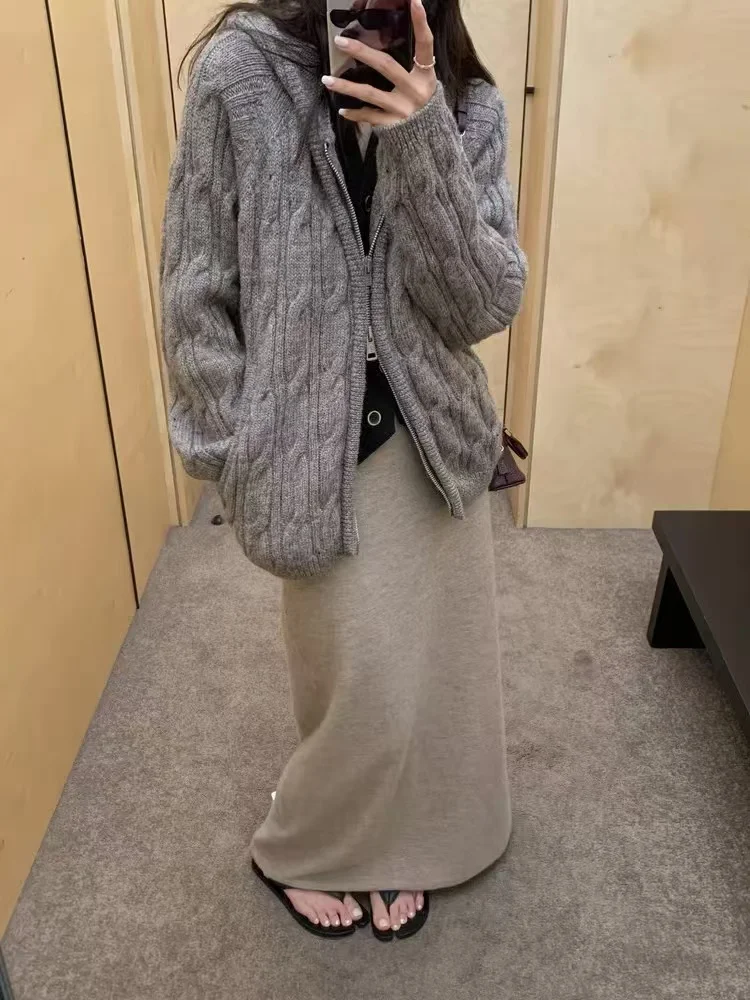 

Американский вязаный кардиган на молнии с капюшоном в стиле High Street, повседневный винтажный свитер из смесовой шерсти с длинными рукавами для молодежи