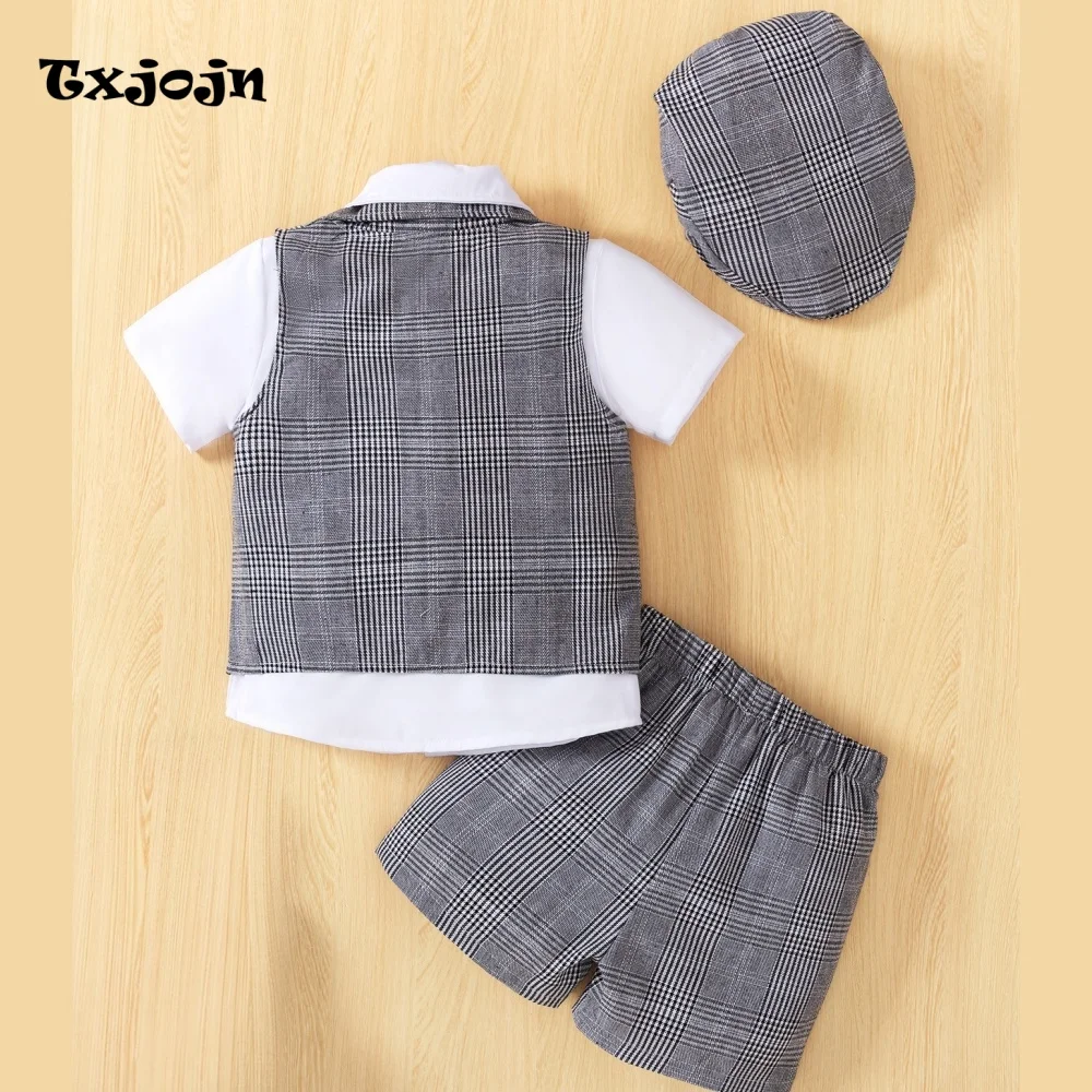 Preppy Style Boy's Formal Suit Set Summer Children's 3 Piece Set Plaid Clothes Short-sleeve Top Shorts Cap Kids Party Outfit