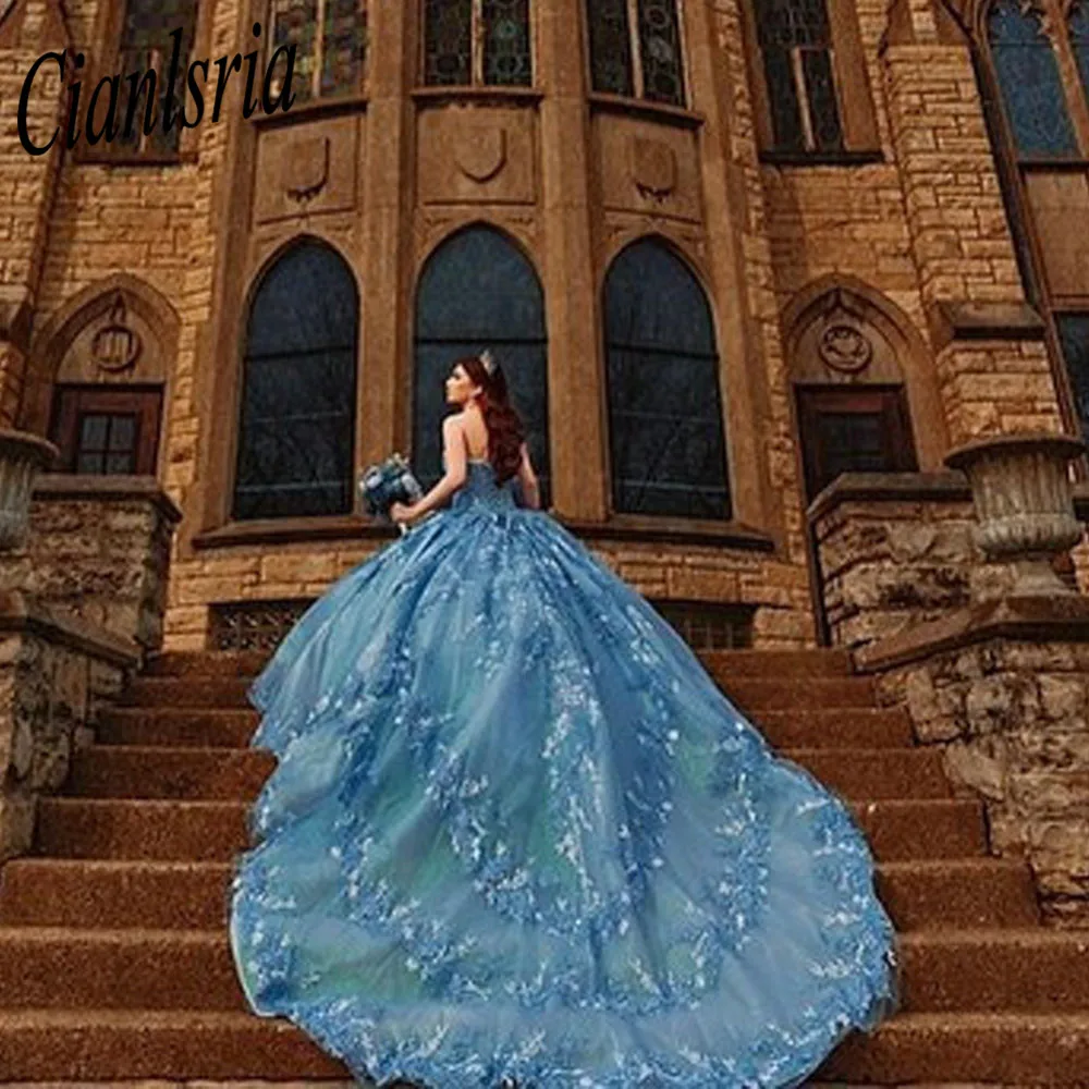 الأزرق السفرجل XV الوردي فساتين Quinceanera Vestidos دي 15 Años مع حجم زين الأزهار الفتيات ملابس عيد ميلاد