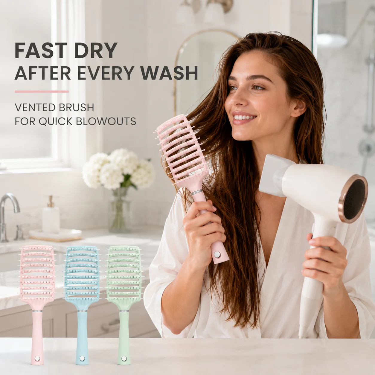 1Pc Hollow Vented Hair Brush Fast Blow Drying Airflow Detangling Styling Comb Soft Round Tip Bristles 3 Colors Pink Blue Green Optional For Home Salon Hair Care