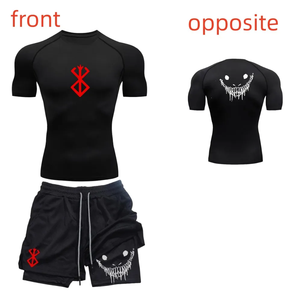 Men's fashionable casual fitness set, gym quick drying sportswear, shorts+shirt, 2-piece set, running, training, summer