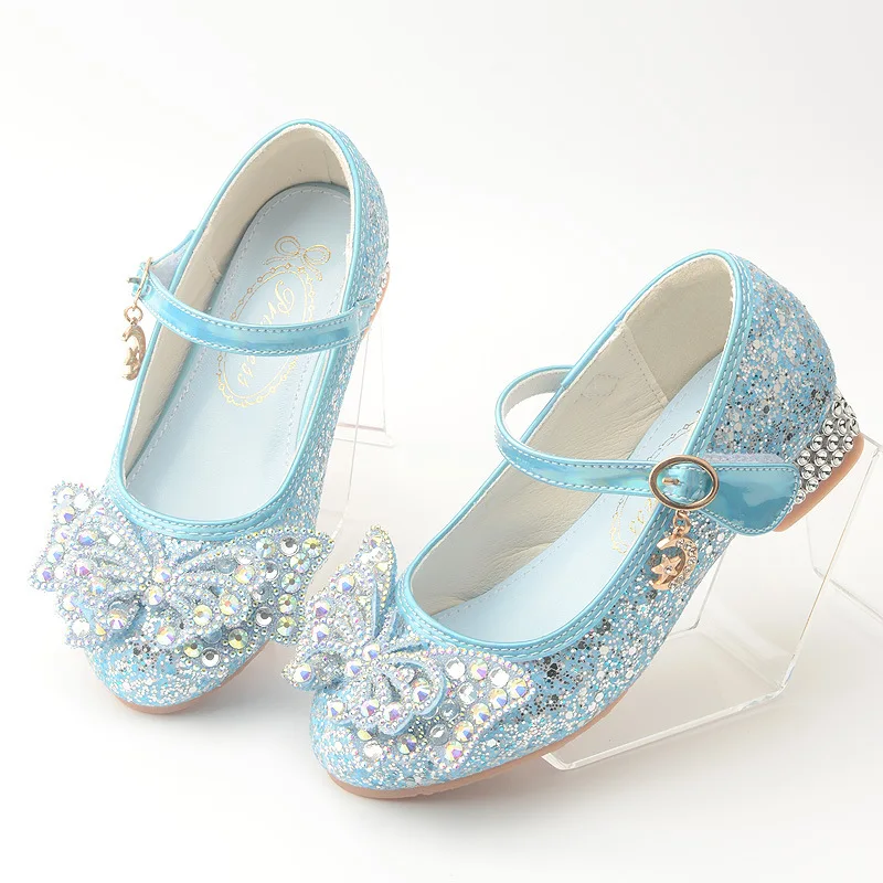 Princess Kids Leather Shoes Girls Flower Sandals Casual Glitter Rhinestone Children High Heel Butterfly Knot Party Dance Shoes