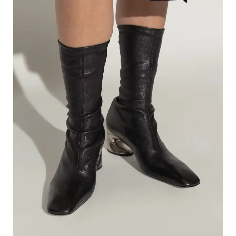 Ladies Minimalist Stretch Soft Leather Slim Mid Calf Boots Square Thick Block Heel Dual Soft Microfiber & Fleece FullF284