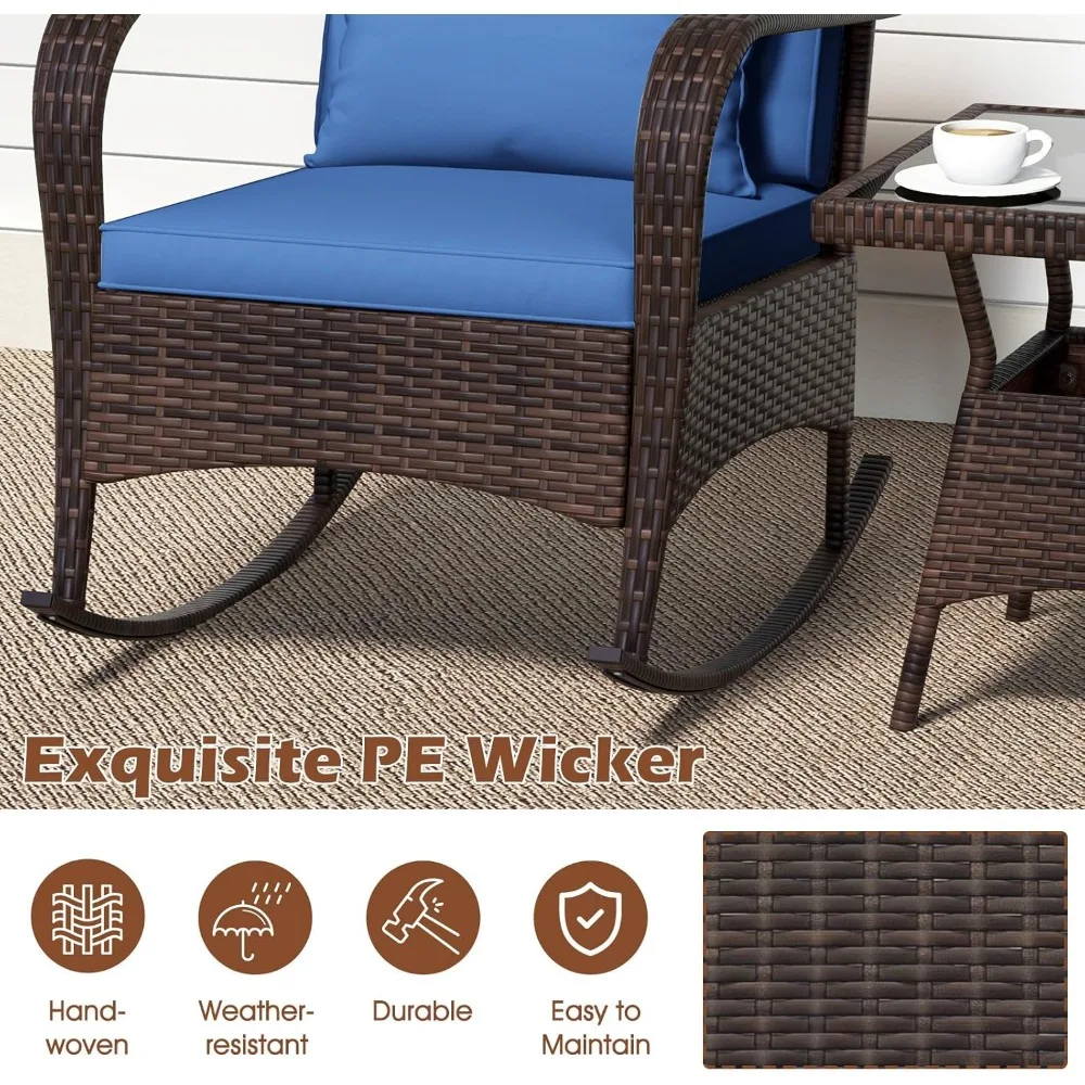 3 Pieces Patio Furniture Set, Outdoor Wicker Rocking Chairs with Cushions, Pillows, Glass Coffee Table, Rattan Bistro