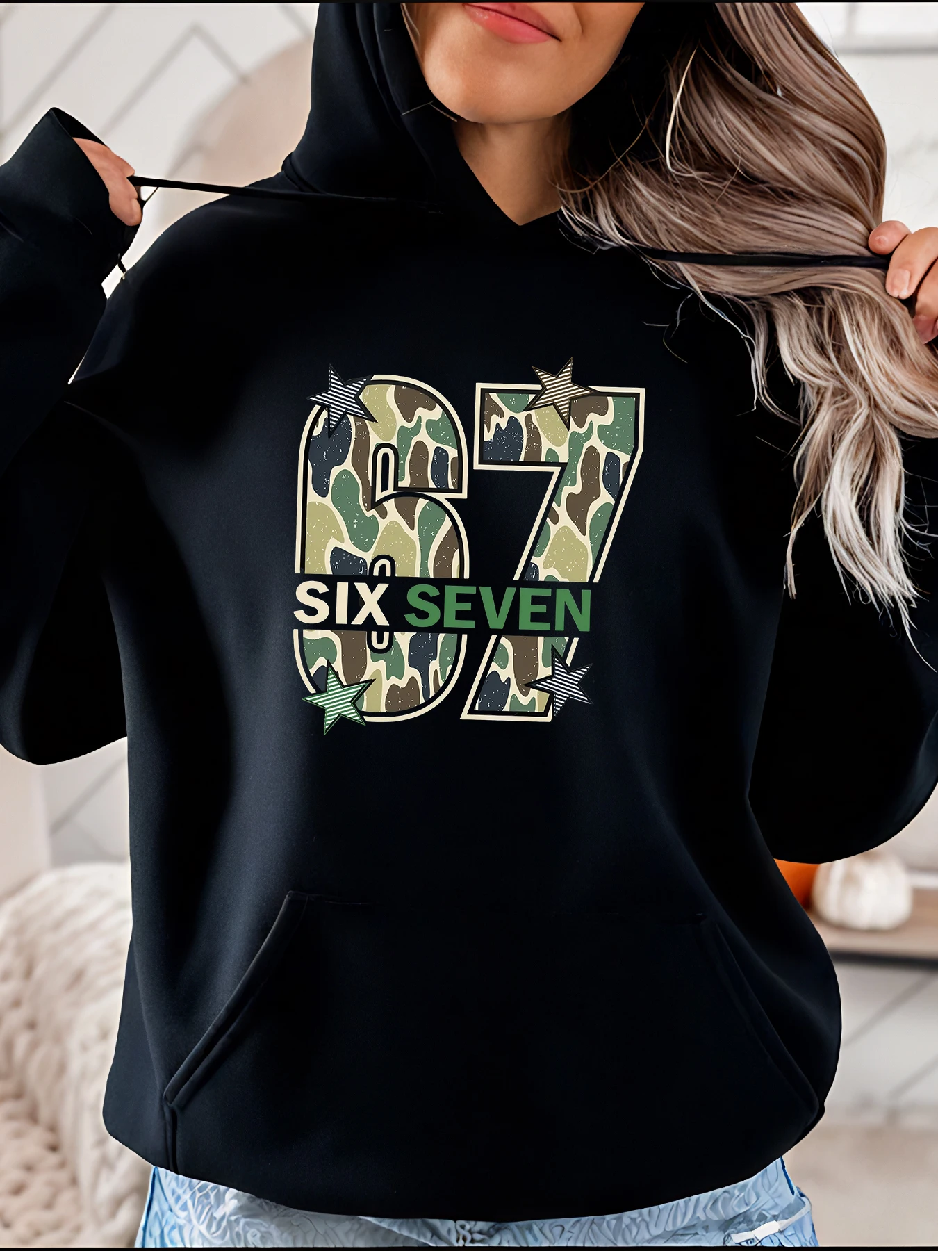 

Камуфляжная толстовка с принтом 67, женская повседневная уличная одежда, модная толстовка для молодежи и подростков