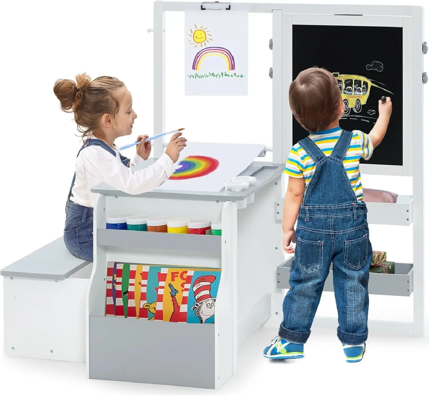 Infans 3 In 1 Kids Art Table And Chair Set, Toddler Craft And Play Wood Activity Desk With Double-Sided Easel Blackboard