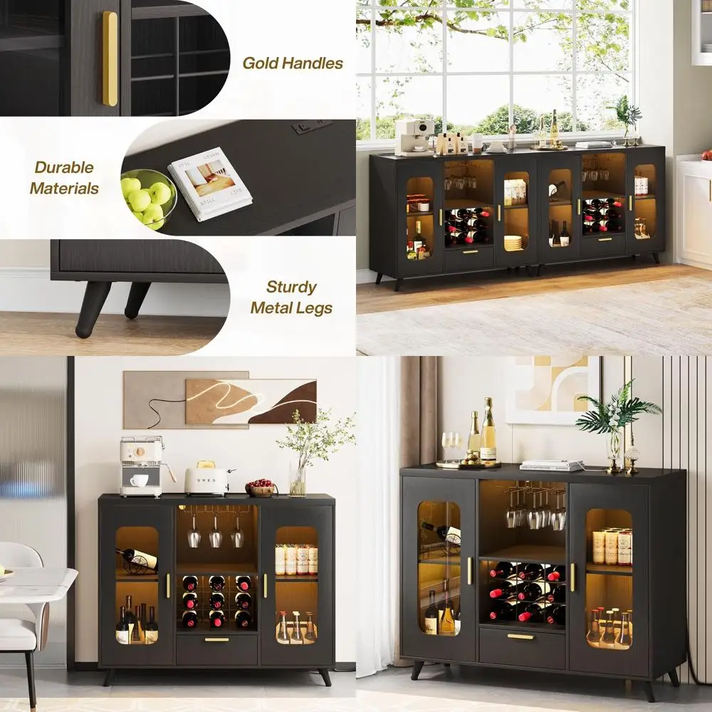 

Светящийся кофейный барный шкаф с розетками и местом для хранения вина, черный