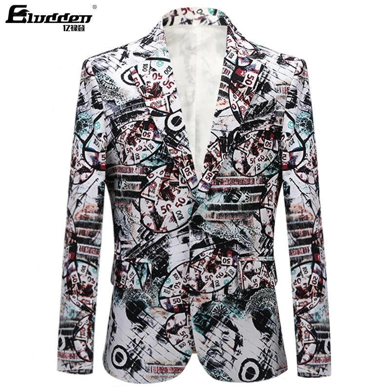 MenRetro Vintage Newspaper Print Casual Blazer Hombre Men DJ Singer Night Club Slim Fit Suit Jacket Prom Party CostumeNewspaper