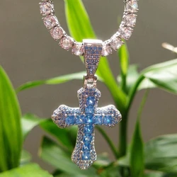 Hip Hop Fashion Blue Zircon Cross Pendant Men's Transit Amulet Heavy Industry Studded Sweater Chain Jewelry Necklaces