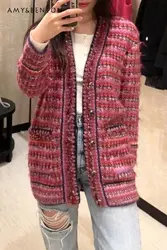 Autumn New Wine Red Hand Crochet Tassel Wool Sweater Loose Temperament V-neck Sweaters Cardigan Mid-Length Knitted Coat Ladies