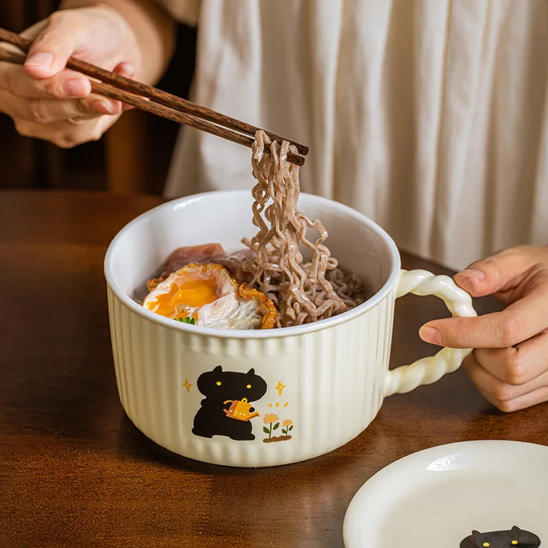 Creative Cat Ceramic Instant Noodles Bowl with Large Capacity Lid Anti Scald Design Heat Resistant  High Beauty Home Soup Bowl