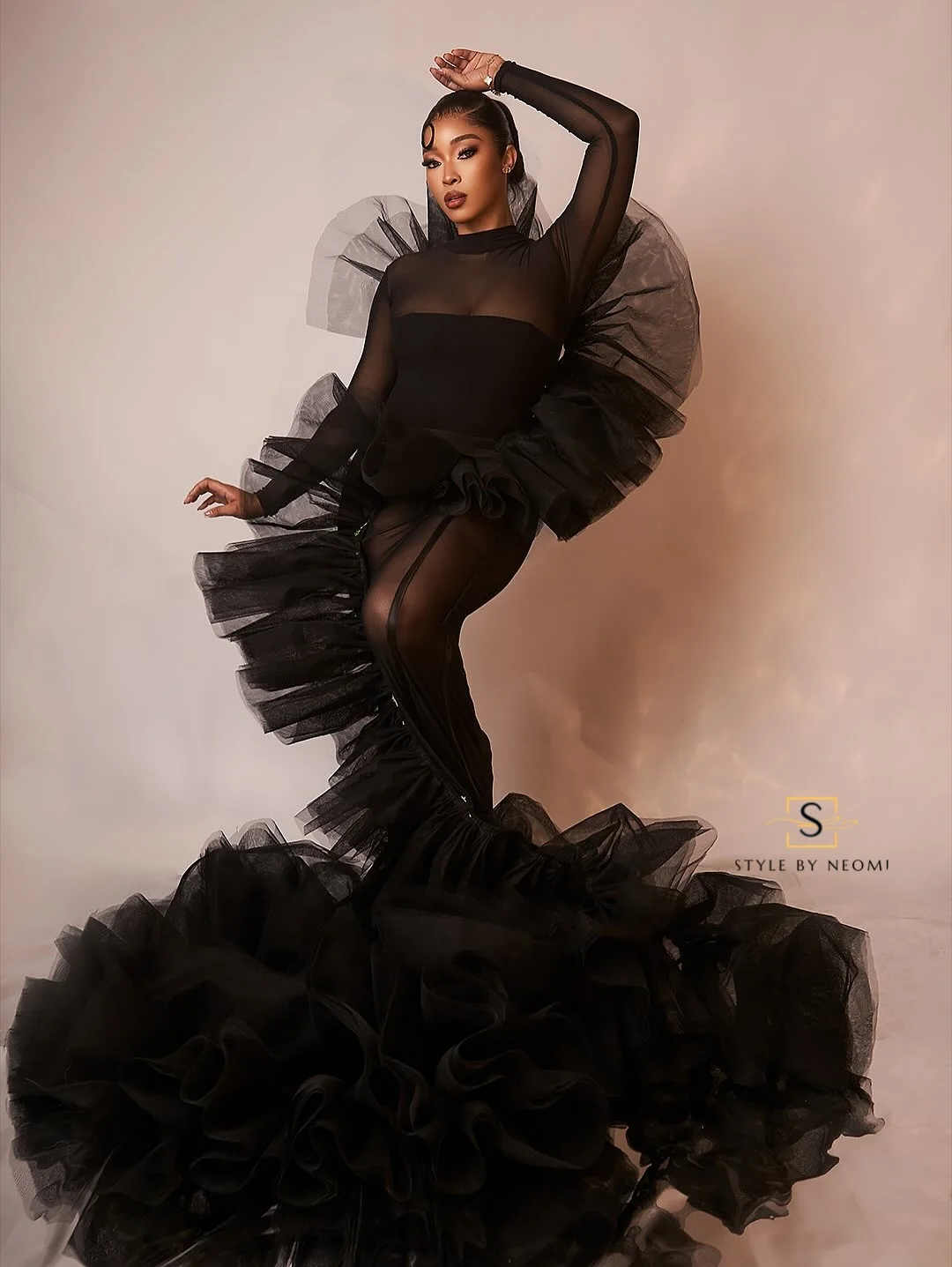 Dramatic Black Mermaid Prom Dresses Stretch Sheer Ruffle Tulle Birthday Photoshoot Dress Unique Design Perform Event Dress Gala image 4