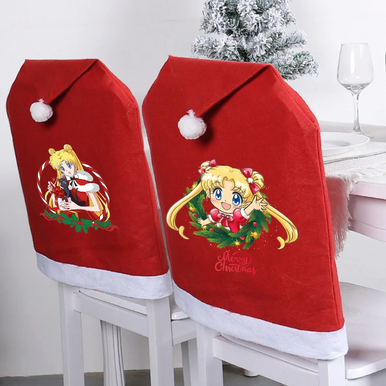 Sailor Mooned Santa Hat Chair Cover Christmas Dining Chair Slipcover Xmas Chair Cap Home Table Decor For New Year Party Supplies