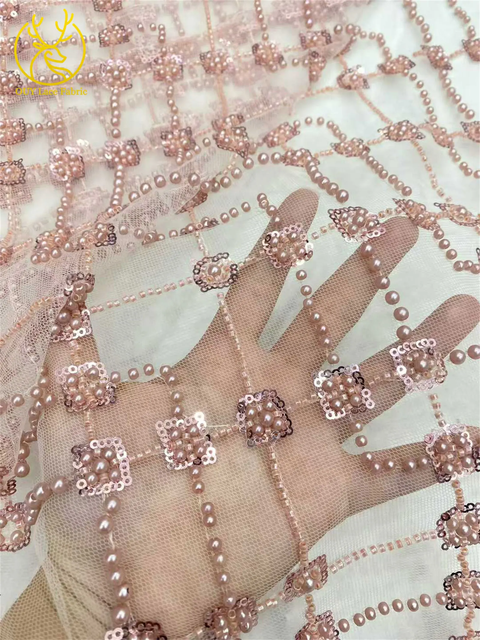 Champagner Luxus Afrikanischer Bräutigam Perlen-Spitzenstoff 2026 Hochwertige Spitze Brautkleid-Spitze Nigerianischer Pailletten-Spitzenstoff – Detail 8